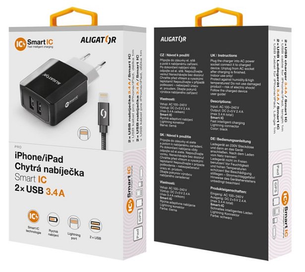 Chytrá síťová nabíječka ALIGATOR 3.4A, 2xUSB, smart IC, černá, kabel pro iPhone/iPad 2A