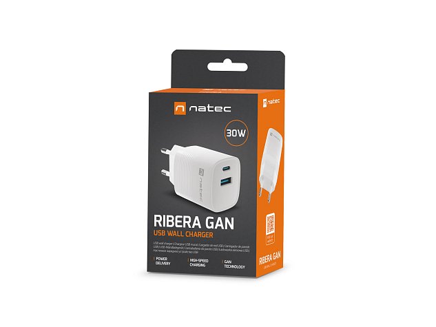 Universální USB nabíječka Natec RIBERA GaN 30W, 1X USB-A, 1X USB-C, Bílá Universální USB nabíječka Natec RIBERA GaN 30W, 1X USB-A, 1X USB-C, Bílá
