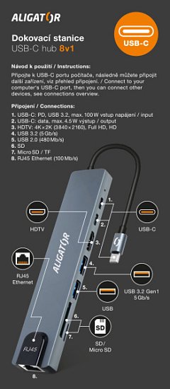 Aligator Dokovací stanice USB-C / Hub 8v1 (USB-C / 2xUSB / SD / MicroSD/ HDTV / RJ45) Aligator Dokovací stanice USB-C / Hub 8v1 (USB-C / 2xUSB / SD / MicroSD/ HDTV / RJ45)