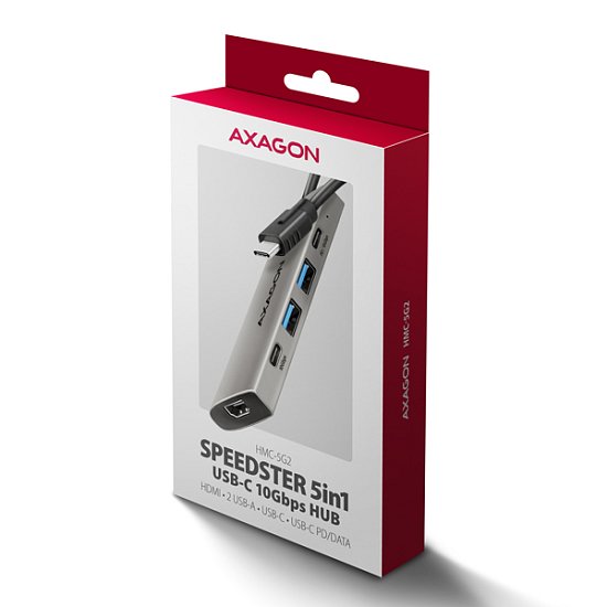 AXAGON HMC-5G2, USB 3.2 Gen 2 10 Gb/s hub, porty 2x USB-A, 2x USB-C, HDMI, PD 60W, kabel USB-C 13cm