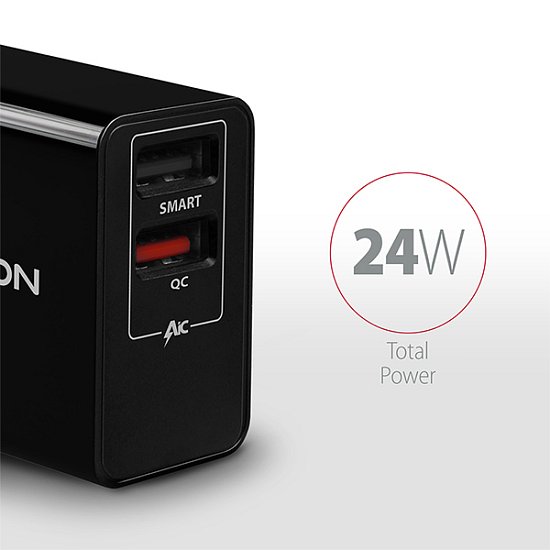 AXAGON ACU-QS24, QC & SMART nabíječka do sítě 24W, 2x USB-A port, QC3.0/AFC/FCP + 5V/1.2A