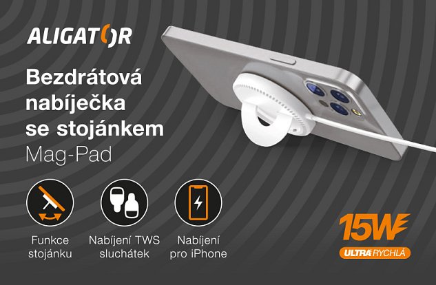 ALIGATOR bezdrátová nabíječka ALIGATOR Mag-Pad, určeno pro MagSafe, 15W, bílá