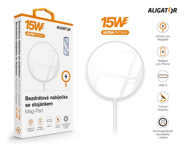 ALIGATOR bezdrátová nabíječka ALIGATOR Mag-Pad, určeno pro MagSafe, 15W, bílá