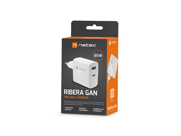 Univerzální USB nabíječka Natec RIBERA GaN 1X USB-A + 1X USB-C 65W, Bílá Univerzální USB nabíječka Natec RIBERA GaN 1X USB-A + 1X USB-C 65W, Bílá