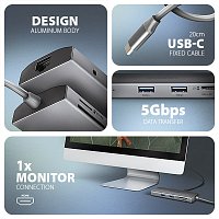AXAGON HMC-8HLSA, USB 5Gbps hub, 3x USB-A, HDMI 4k/60Hz, RJ-45 GLAN, SD/microSD, audio, PD 100W