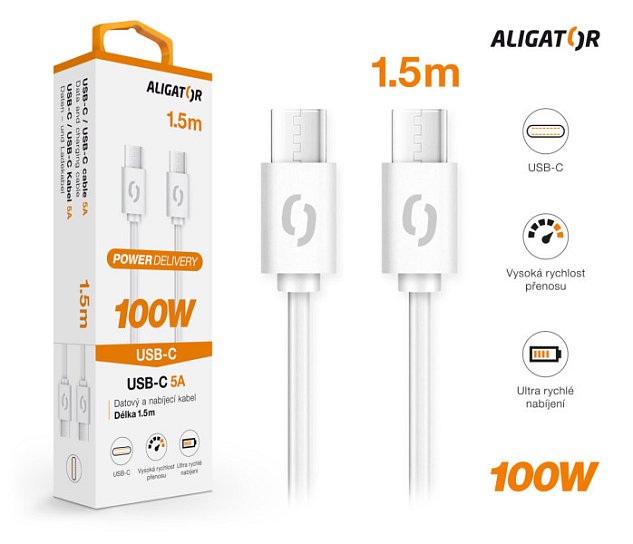 Datový kabel ALIGATOR POWER 100W, USB-C/USB-C 5A, 1,5m bílý Datový kabel ALIGATOR POWER 100W, USB-C/USB-C 5A, 1,5m bílý