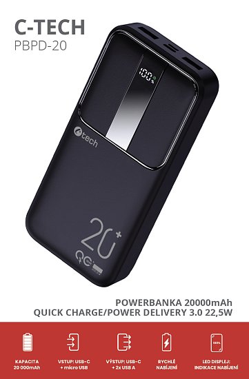 Powerbanka C-tech 20000mAh, Li-Pol, 22,5W, USB-C/USB-A/micro USB Powerbanka C-tech 20000mAh, Li-Pol, 22,5W, USB-C/USB-A/micro USB
