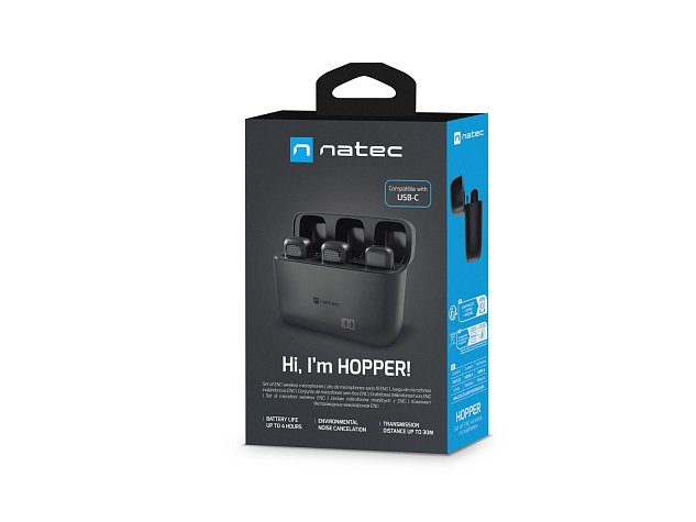 Mobilní bezdrátový mikrofon Natec HOPPER LAVALIER USB-C, 2 KS Mobilní bezdrátový mikrofon Natec HOPPER LAVALIER USB-C, 2 KS