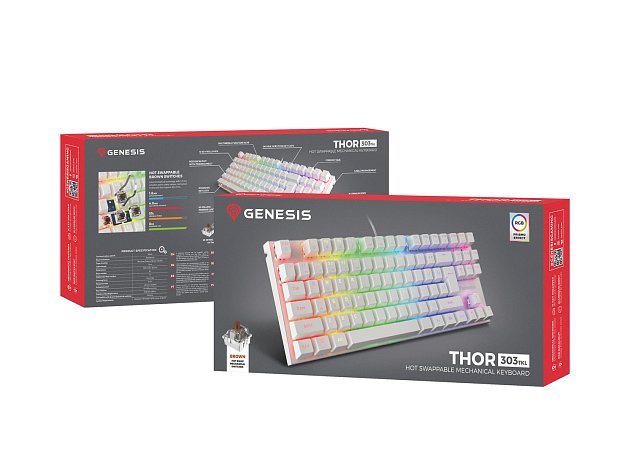 Genesis mechanická klávesnice THOR 303 TKL, bílá, US layout, RGB podsvícení, software, Outemu Brown