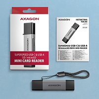 AXAGON CRE-DAC, USB-C + USB-A, 5 Gbps - MINI čtečka karet, 2-slot & lun SD/microSD, podpora UHS-I AXAGON CRE-DAC, USB-C + USB-A, 5 Gbps - MINI čtečka karet, 2-slot & lun SD/microSD, podpora UHS-I