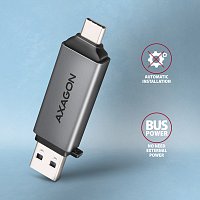 AXAGON CRE-DAC, USB-C + USB-A, 5 Gbps - MINI čtečka karet, 2-slot & lun SD/microSD, podpora UHS-I AXAGON CRE-DAC, USB-C + USB-A, 5 Gbps - MINI čtečka karet, 2-slot & lun SD/microSD, podpora UHS-I