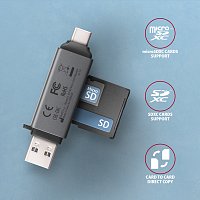AXAGON CRE-DAC, USB-C + USB-A, 5 Gbps - MINI čtečka karet, 2-slot & lun SD/microSD, podpora UHS-I AXAGON CRE-DAC, USB-C + USB-A, 5 Gbps - MINI čtečka karet, 2-slot & lun SD/microSD, podpora UHS-I